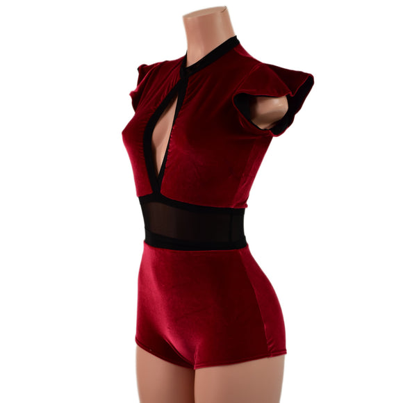 Red Velvet Keyhole & Mesh Romper with Boy Cut Leg