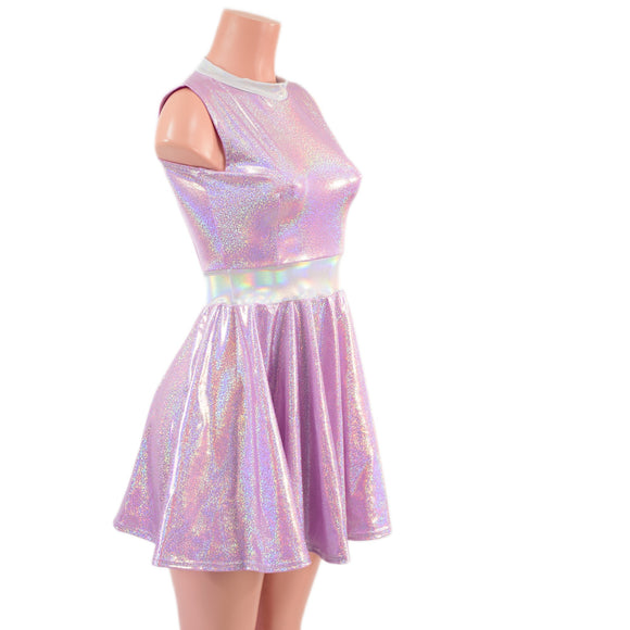 Lilac Holographic Sleeveless Skater Dress with Flashbulb Waistband and Collar