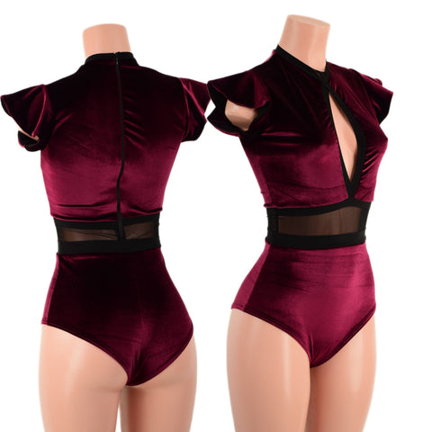 Burgundy Velvet Keyhole & Mesh Romper - Coquetry Clothing