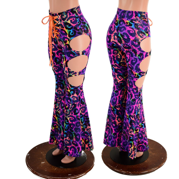 Rainbow Leopard High Waist Solar Flares with Laceup and Oring Cutouts - 2
