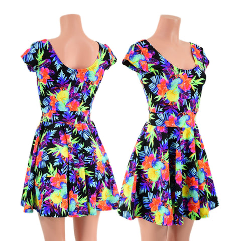 Neon Sonic Bloom Cap Sleeve Skater Dress - Coquetry Clothing