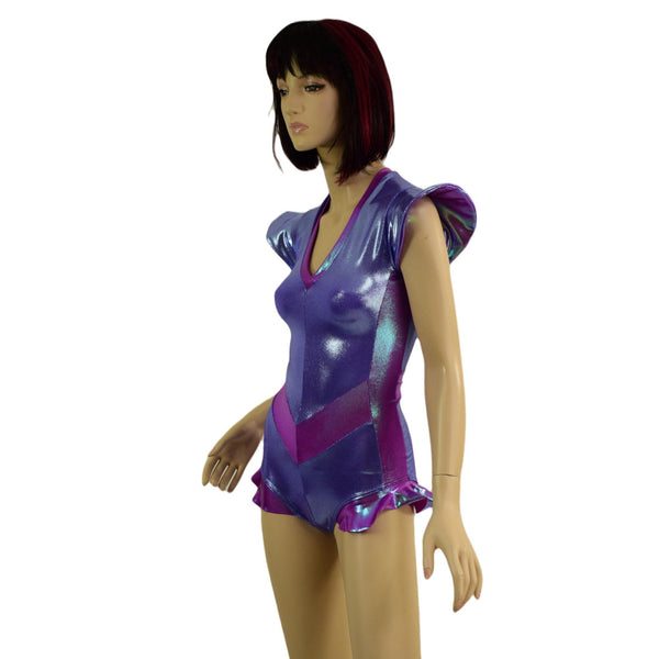V-Front Romper in Lavender Ice and Plumeria with Flip Sleeves and Hip Ruffles - 5