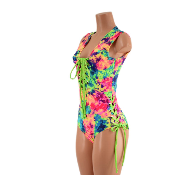 Neon Acid Splash Lace Up Romper with Siren Cut Leg - 5