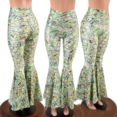 Cold Cash Print High Waist Bell Bottom Flares