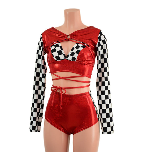 3PC O-Ring Bolero, Starlette and Shorts Set in Red and Checkered - 2