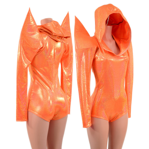 Neon Orange Sparkly Jewel Mega Sharp Shoulder Hooded Romper
