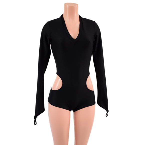 Black Zen Hipnotic Romper with Boy Cut Leg, V Neck, and Fingerloops