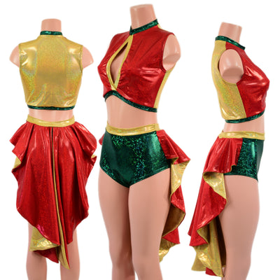 Red, Gold and Green 2PC Keyhole Top and Tux Back Siren Shorts Set