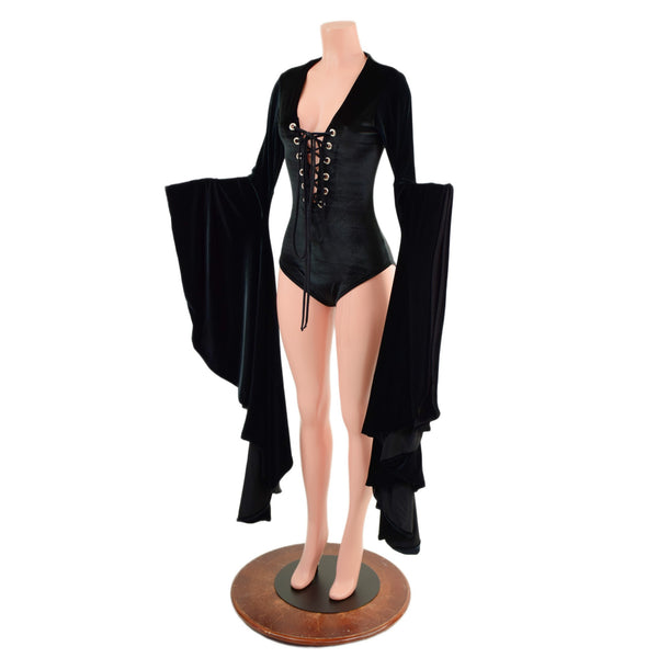 Black Velvet Sorceress Sleeve Romper with Lace Up Neckline - 2