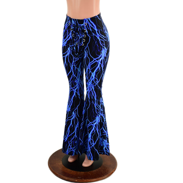 Front Lace Up High Waist Solar Flares in Neon Blue Lightning - 6