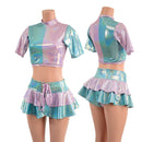 3PC Color Split Crop, Double Ruffle Mini Skirt, and Cheeky Booty Shorts Set - Coquetry Clothing
