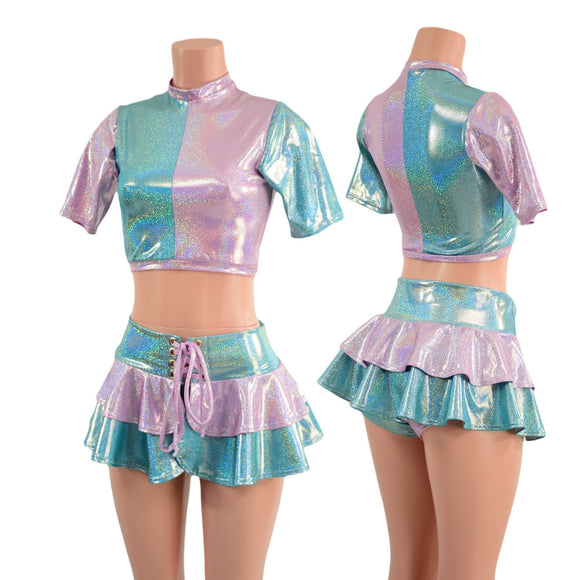 3PC Color Split Crop, Double Ruffle Mini Skirt, and Cheeky Booty Shorts Set - Coquetry Clothing