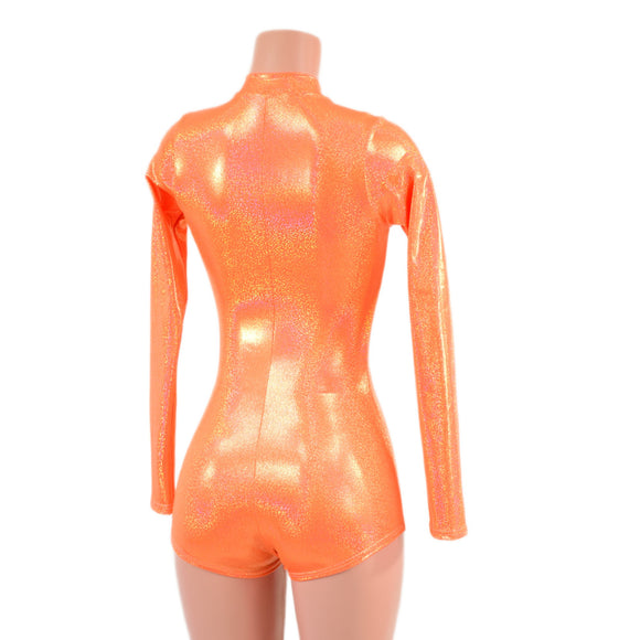 Neon Orange Sparkly Jewel Stella Romper with Long Sleeves & Boy Cut Leg