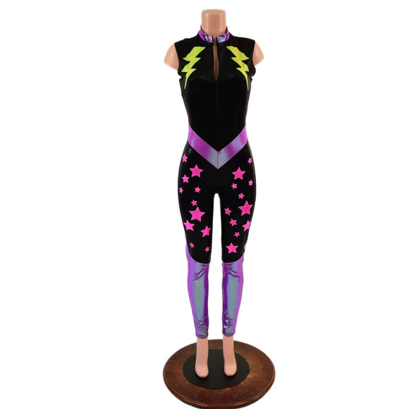 Bolts and Stars Zipper Front Color Blocked Catsuit