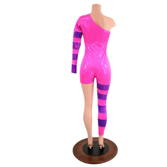 Pink Asymmetrical Catsuit with Grape Holographic Stripes - Coquetry Clothing