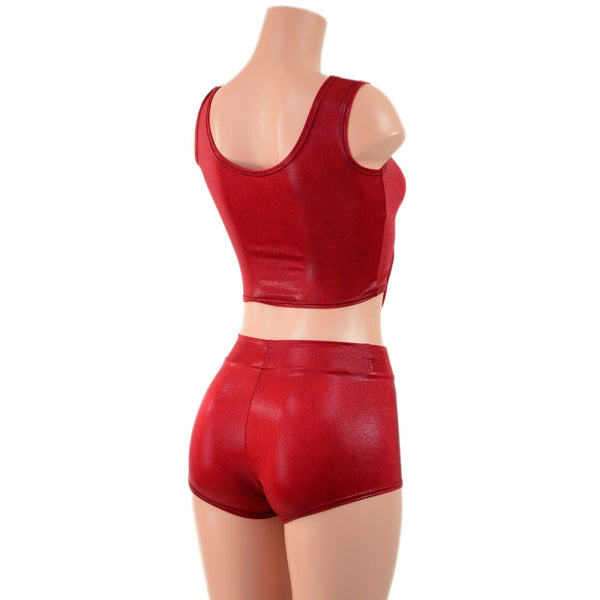 Coagulant Red Laceup Crop Tank and Midrise Shorts Set - 4