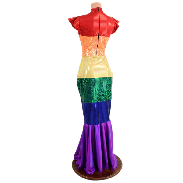 Color Blocked Rainbow Gown with Keyhole and Fishtail Hemline - 4