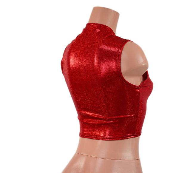 Red Sparkly Jewel V Neck Sleeveless Crop Top