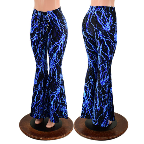 Front Lace Up High Waist Solar Flares in Neon Blue Lightning - Coquetry Clothing