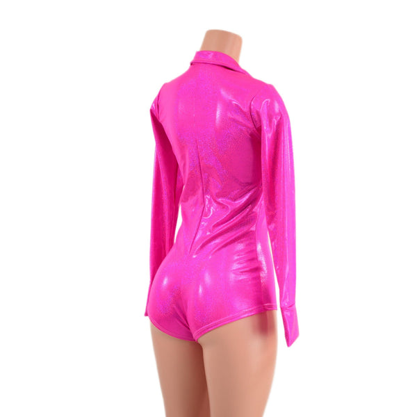 Neon Pink Sparkly Rodeo Romper with Snap Cuffs and Boy Cut Leg - 5