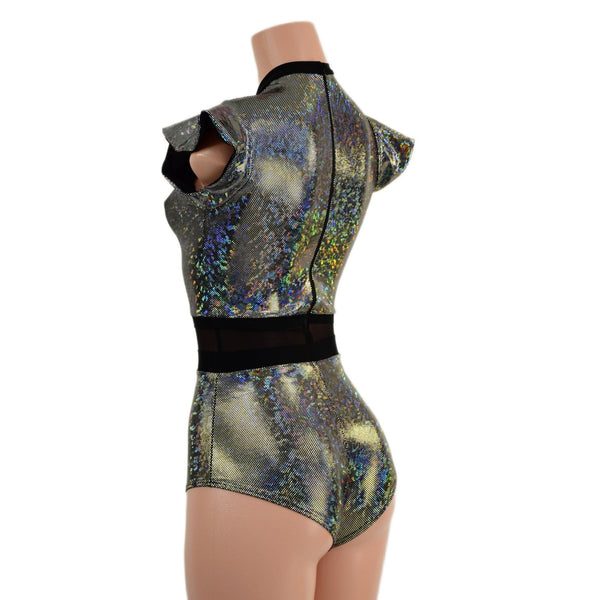 Silver Kaleidoscope Romper with Inset Mesh Keyhole Neckline - 5