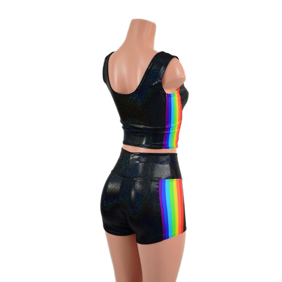 Black Holographic Crop Tank and High Waist Shorts Set with Retro Rainbow Side Panels