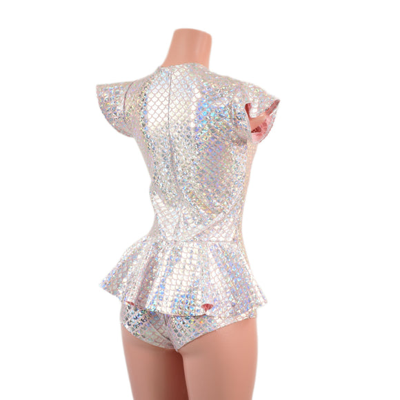 Zipper Front Ruffle Rump Romper in Silver/Pink Scale