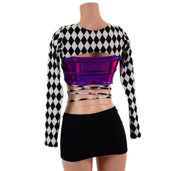 O-ring Front Bolero with Removable Body Wrap Tie in Diamond Print