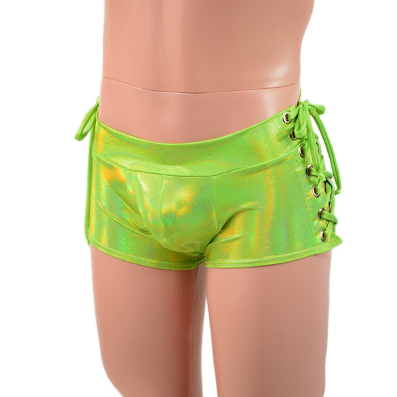 Mens Lowrise Laceup Aruba Shorts in Neon Lime Holographic