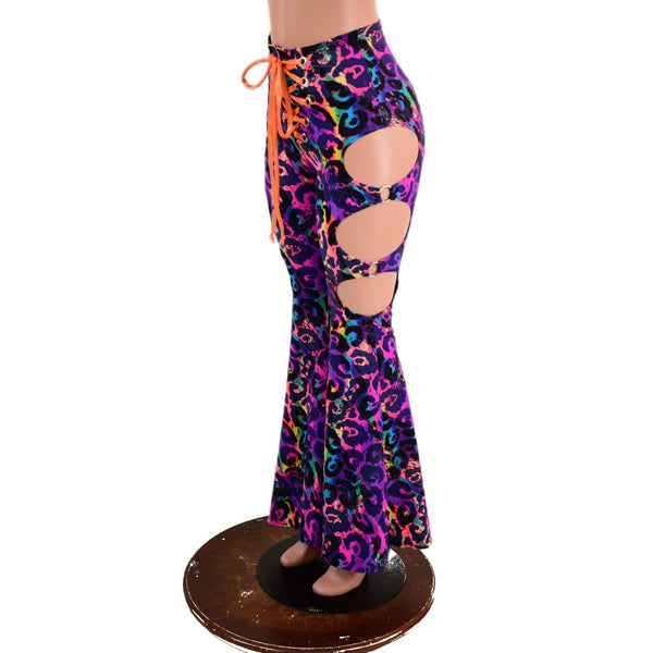 Rainbow Leopard High Waist Solar Flares with Laceup and Oring Cutouts - 5