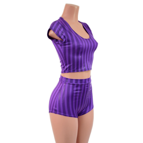 High Waist Pinup Shorts with Boy Cut Leg and Cap Sleeve Crop Top Set