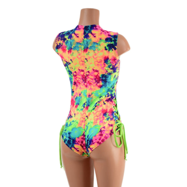 Neon Acid Splash Lace Up Romper with Siren Cut Leg - 3