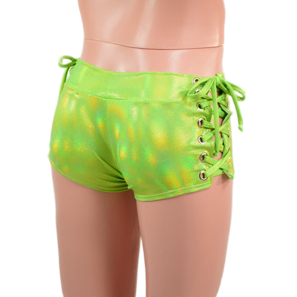 Mens Lowrise Laceup Aruba Shorts in Neon Lime Holographic