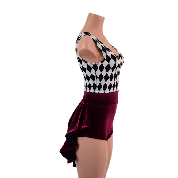 Burgundy Velvet and Diamond Print MINI Tux Back Romper