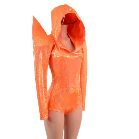 Neon Orange Sparkly Jewel Mega Sharp Shoulder Hooded Romper