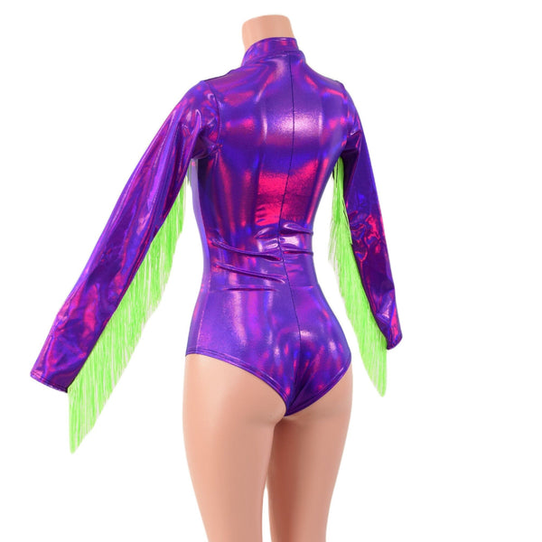 Grape Holographic Stella Romper with Long Sleeves, Neon Green Fringe & Siren Cut Leg - 4