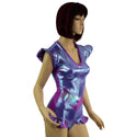 V-Front Romper in Lavender Ice and Plumeria with Flip Sleeves and Hip Ruffles - 3