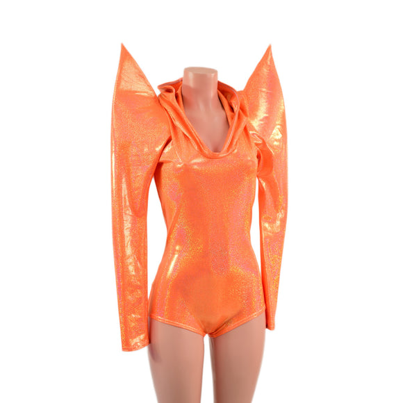 Neon Orange Sparkly Jewel Mega Sharp Shoulder Hooded Romper