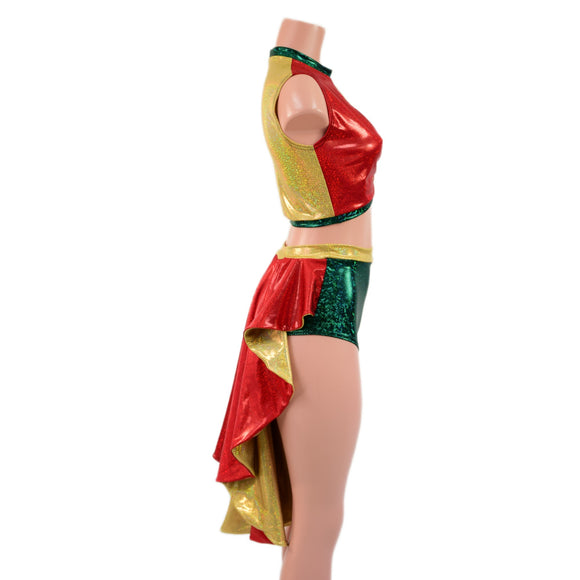 Red, Gold and Green 2PC Keyhole Top and Tux Back Siren Shorts Set