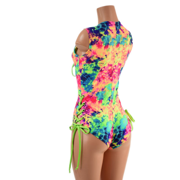 Neon Acid Splash Lace Up Romper with Siren Cut Leg - 2