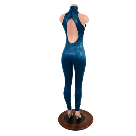 Backless Nile Blue Catsuit with Snap Back Turtleneck