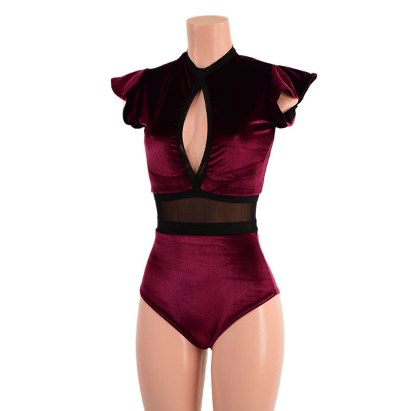 Burgundy Velvet Keyhole & Mesh Romper - 3