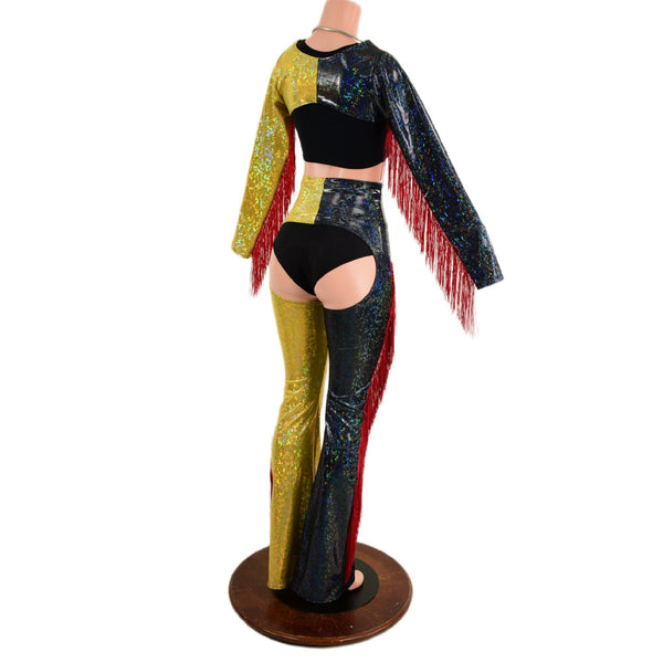 2PC Red, Black and Gold Fringe Bolero and Bootcut Chaps Set (Shorts and crop top sold separately) (Copy) - 3