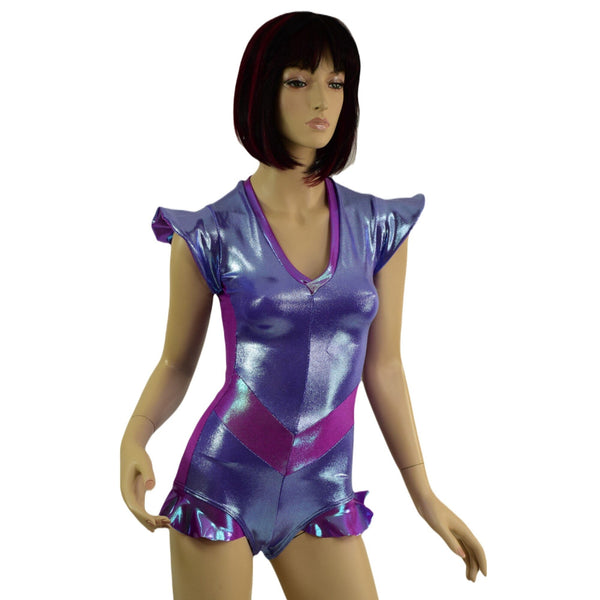 V-Front Romper in Lavender Ice and Plumeria with Flip Sleeves and Hip Ruffles - 2