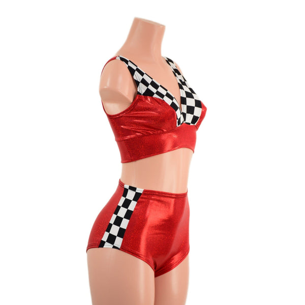 3PC O-Ring Bolero, Starlette and Shorts Set in Red and Checkered - 10