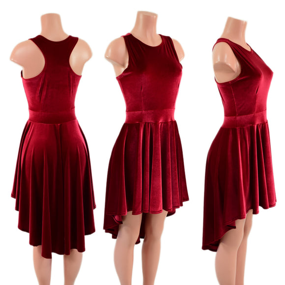 Red Velvet Hi Lo Skater Dress with Crew Neckline and Racer Back