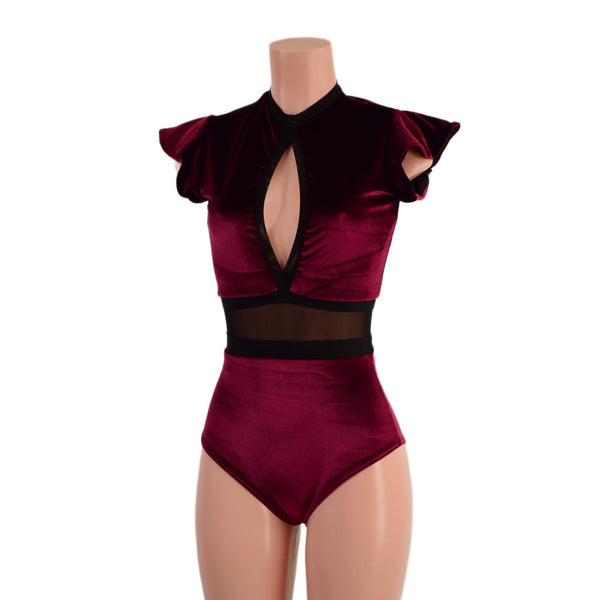 Burgundy Velvet Keyhole & Mesh Romper - 2