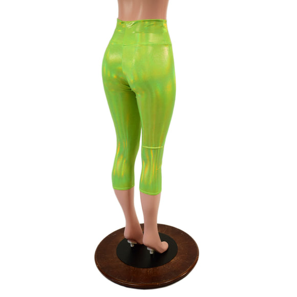 High Waist Capri Leggings in Lime Holographic