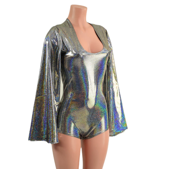 Silver Holographic Romper with Bell Sleeves - Coquetry Clothing