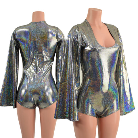 Silver Holographic Romper with Bell Sleeves - Coquetry Clothing